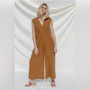 OZMA Kimono Romper Silk Linen Wide Leg Deep V Reversible Size Small Copper